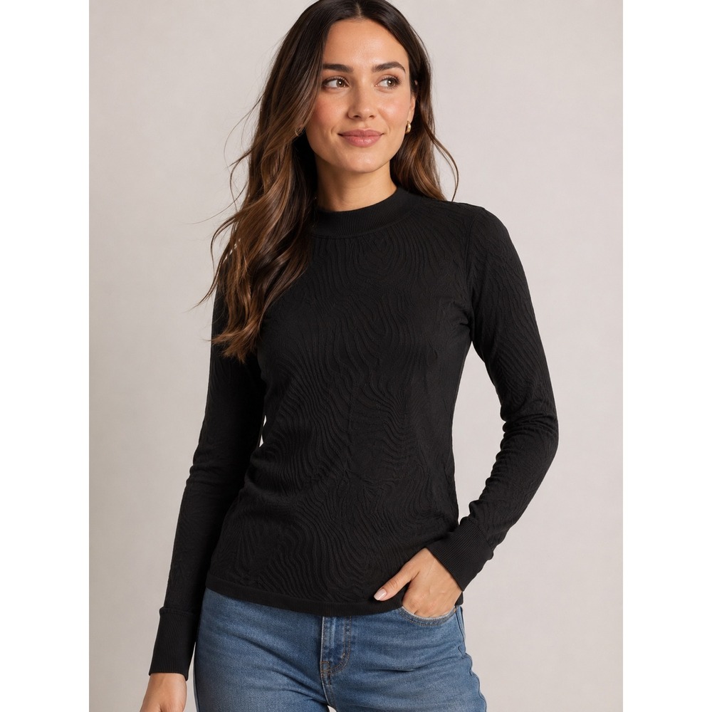Spanx Black Wavy Textured Jacquard Mock Neck Long Sleeve Top 1X 50489R